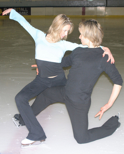 Christina and Mark dressed for ice-dance practice at a cold rink in Edinburgh, Scotland.